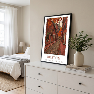 Boston USA Travel Poster — Acorn Street Beacon Hill Fall Foliage Print