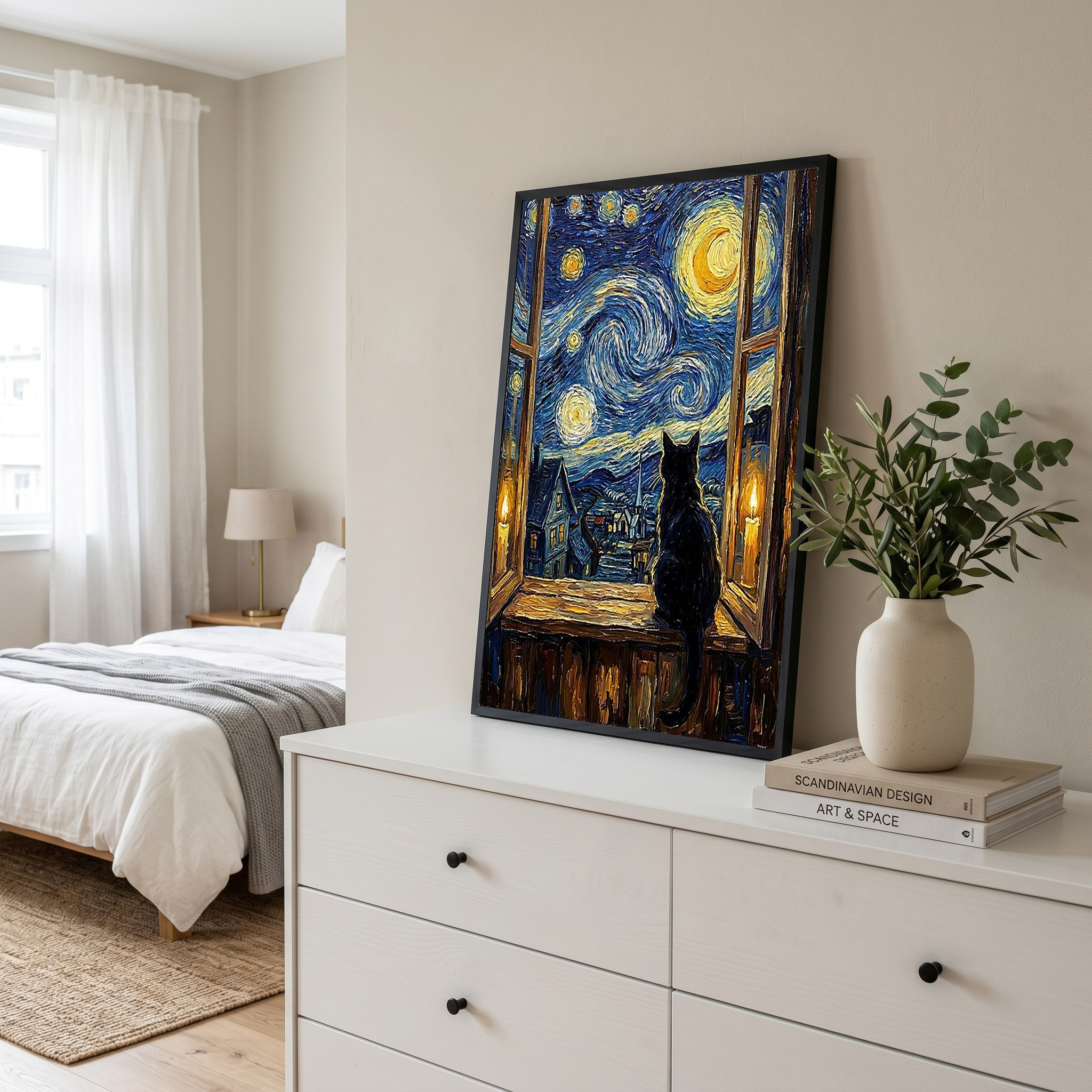 Black Cat Window Print — Van Gogh Starry Night Cozy Cottage Wall Art