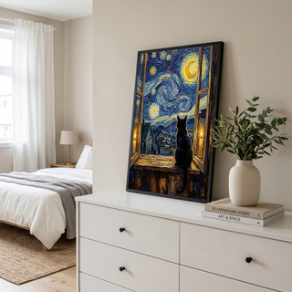 Black Cat Window Print — Van Gogh Starry Night Cozy Cottage Wall Art