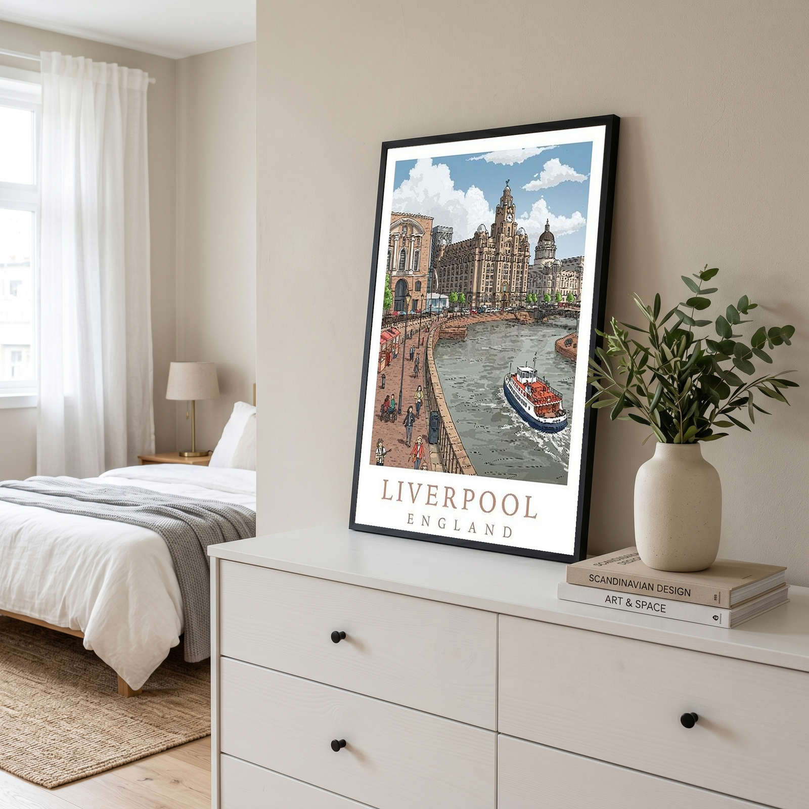 Liverpool England Travel Poster — Pier Head Liver Building Waterfront Print