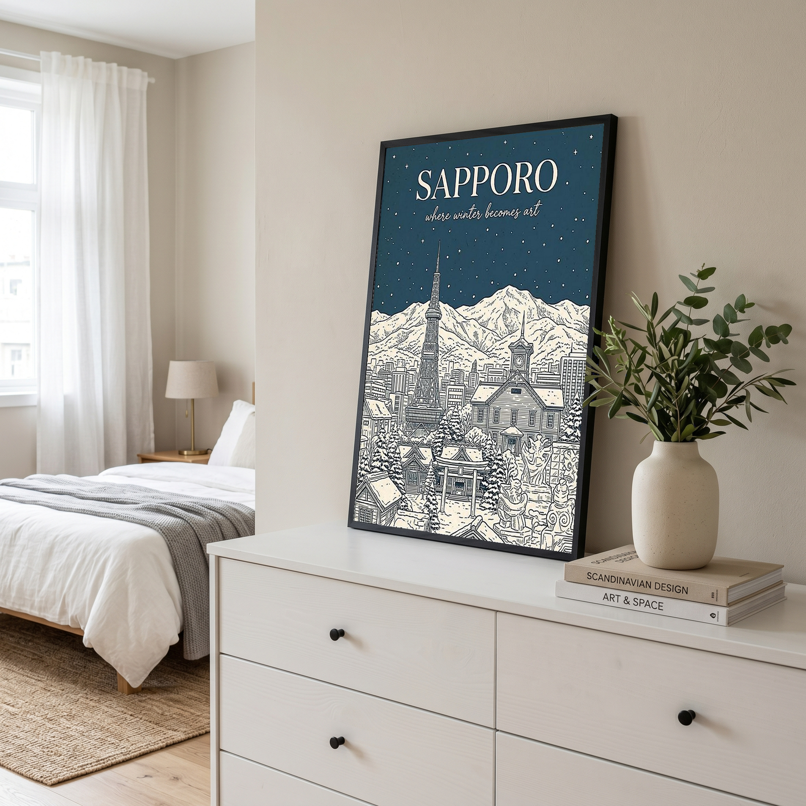 Sapporo Line Art Print — Steel Blue Snow Festival TV Tower Wall Art