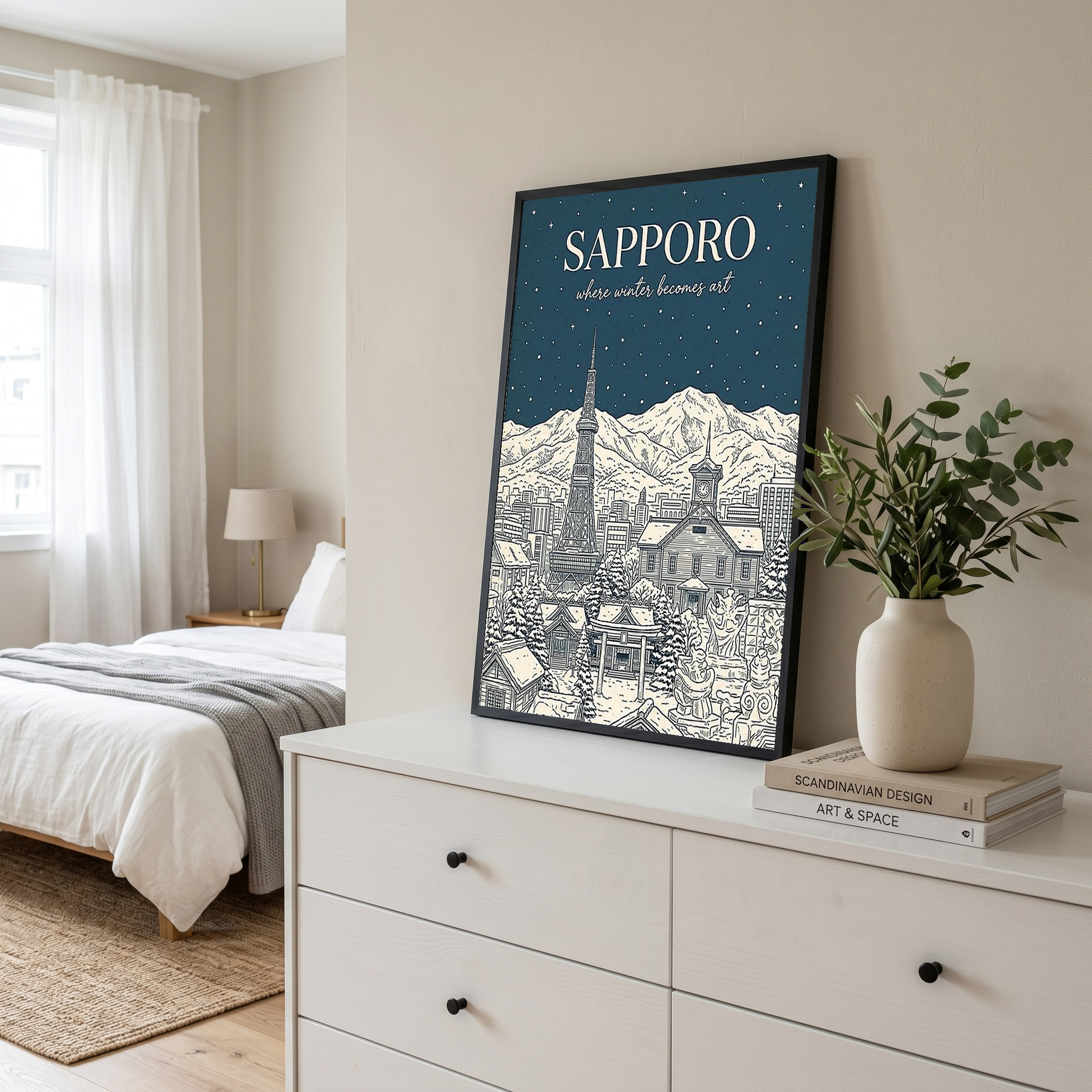 Sapporo Line Art Print — Steel Blue Snow Festival TV Tower Wall Art