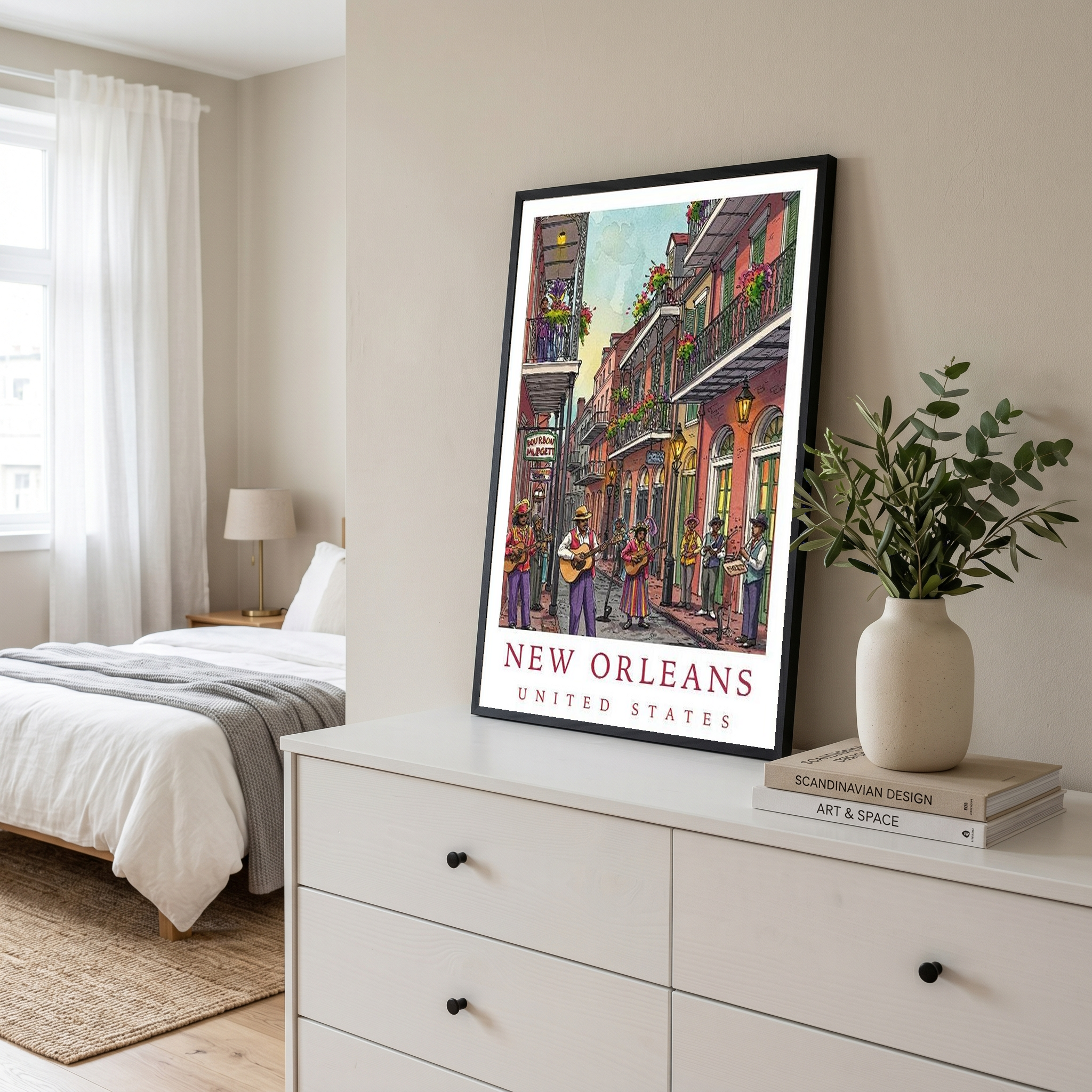 New Orleans Travel Poster — French Quarter Jazz Buskers Street Print
