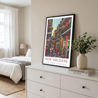 New Orleans Travel Poster — French Quarter Jazz Buskers Street Print