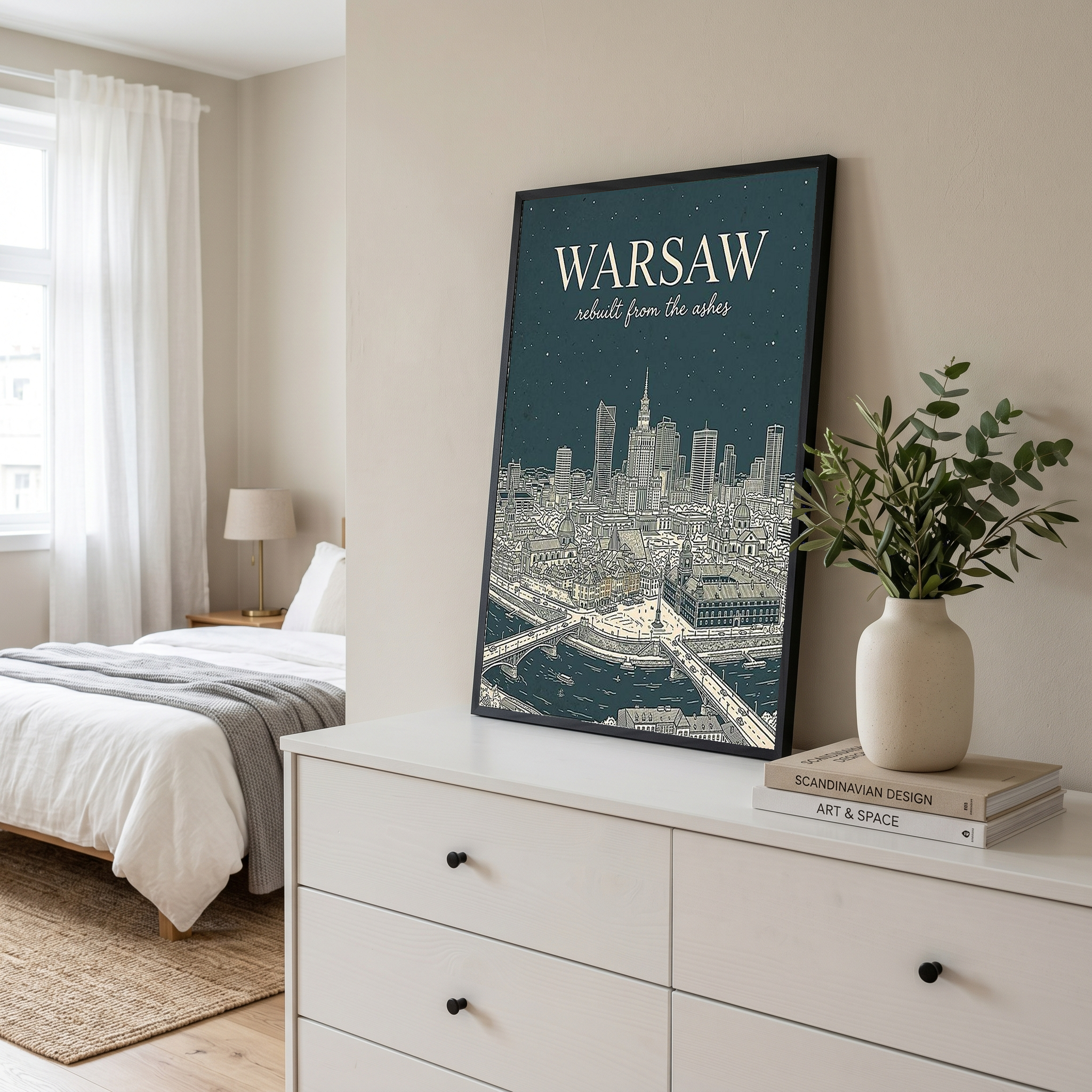 Warsaw Line Art Print — Slate Old Town Palace of Culture Skyline Wall Art