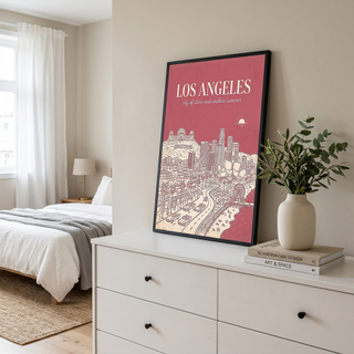 Los Angeles Line Art Print — Pink Hollywood Sign Downtown Skyline Wall Art