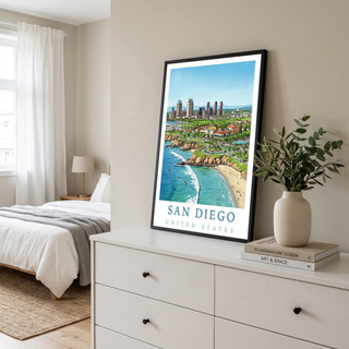 San Diego Travel Poster — Coastal Skyline Cabrillo Beach Print