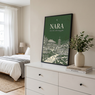 Nara Line Art Print — Forest Green Tōdai-ji Temple Pagoda Deer Wall Art