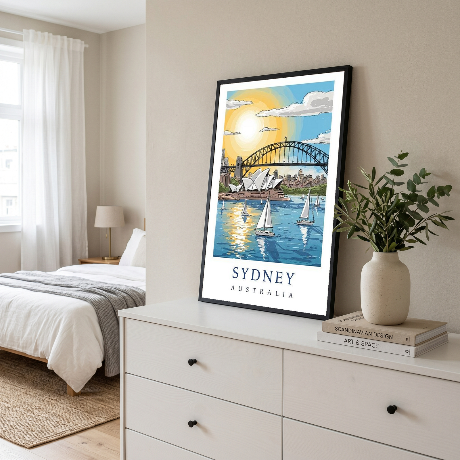 Sydney Australia Travel Poster — Opera House Harbour Bridge Sailboat Print