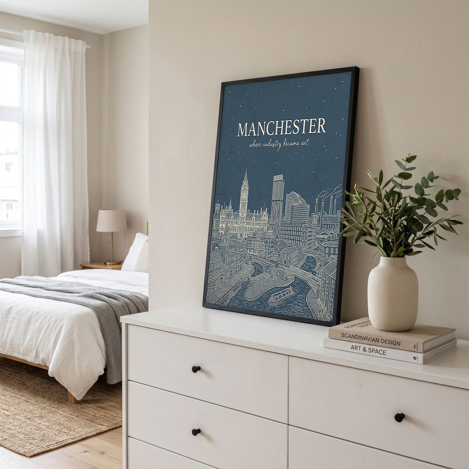 Manchester Line Art Print — Slate Blue Town Hall Industrial Skyline Wall Art