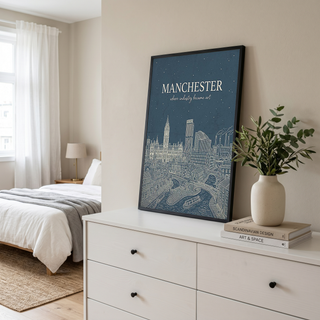 Manchester Line Art Print — Slate Blue Town Hall Industrial Skyline Wall Art