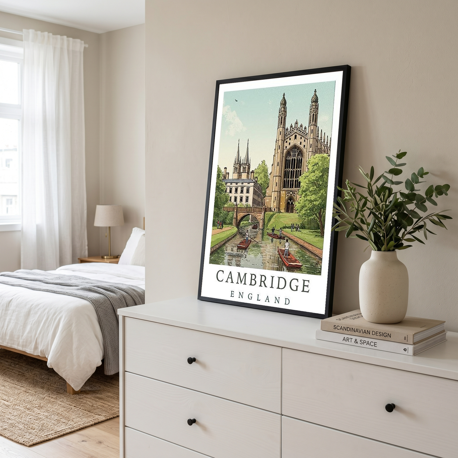 Cambridge England Travel Poster — King's College Punting River Cam Print
