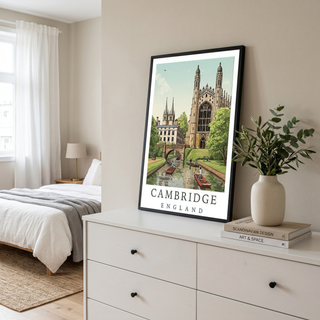 Cambridge England Travel Poster — King's College Punting River Cam Print