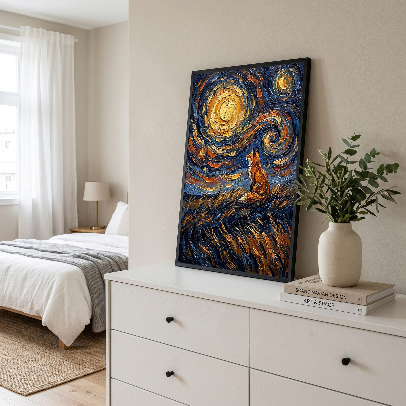 Lone Fox Starry Night Print — Van Gogh-Style Wildlife Hillside Wall Art