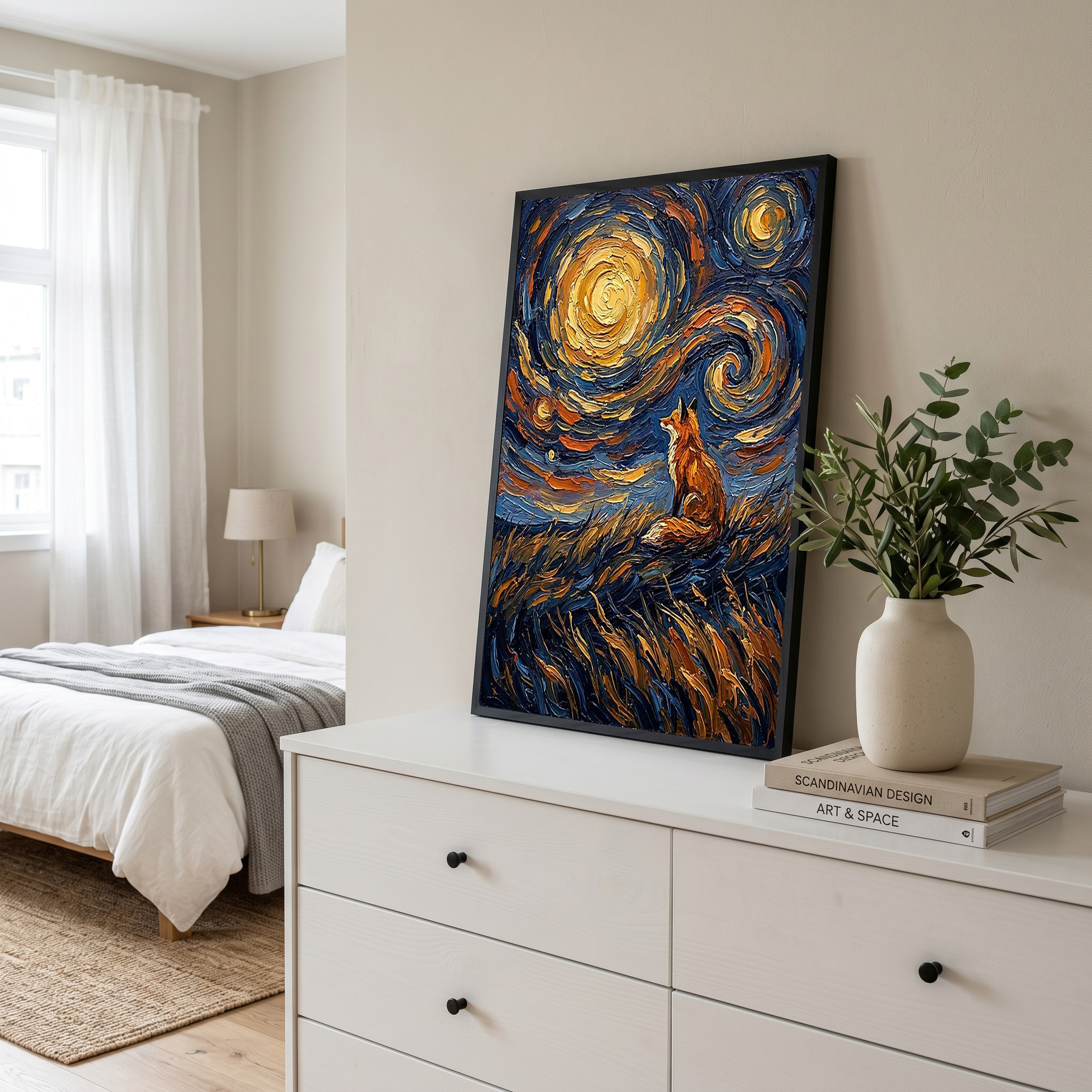 Lone Fox Starry Night Print — Van Gogh-Style Wildlife Hillside Wall Art
