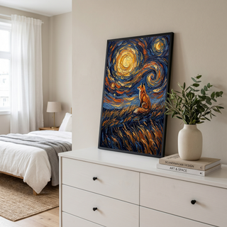 Lone Fox Starry Night Print — Van Gogh-Style Wildlife Hillside Wall Art