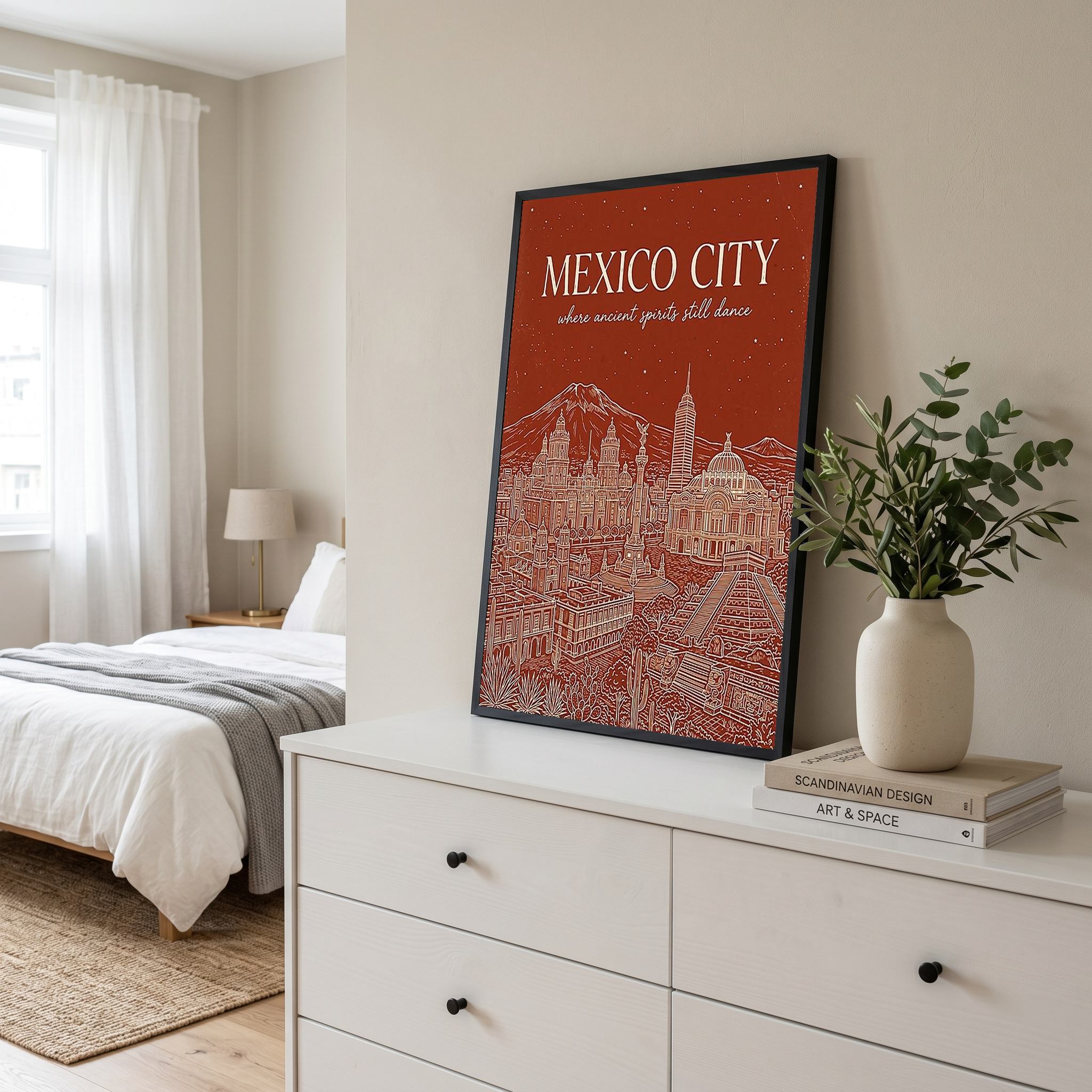 Mexico City Line Art Print — Rust Bellas Artes Templo Mayor Skyline Wall Art
