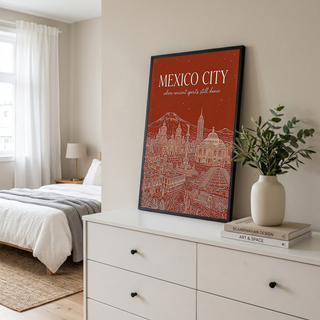 Mexico City Line Art Print — Rust Bellas Artes Templo Mayor Skyline Wall Art