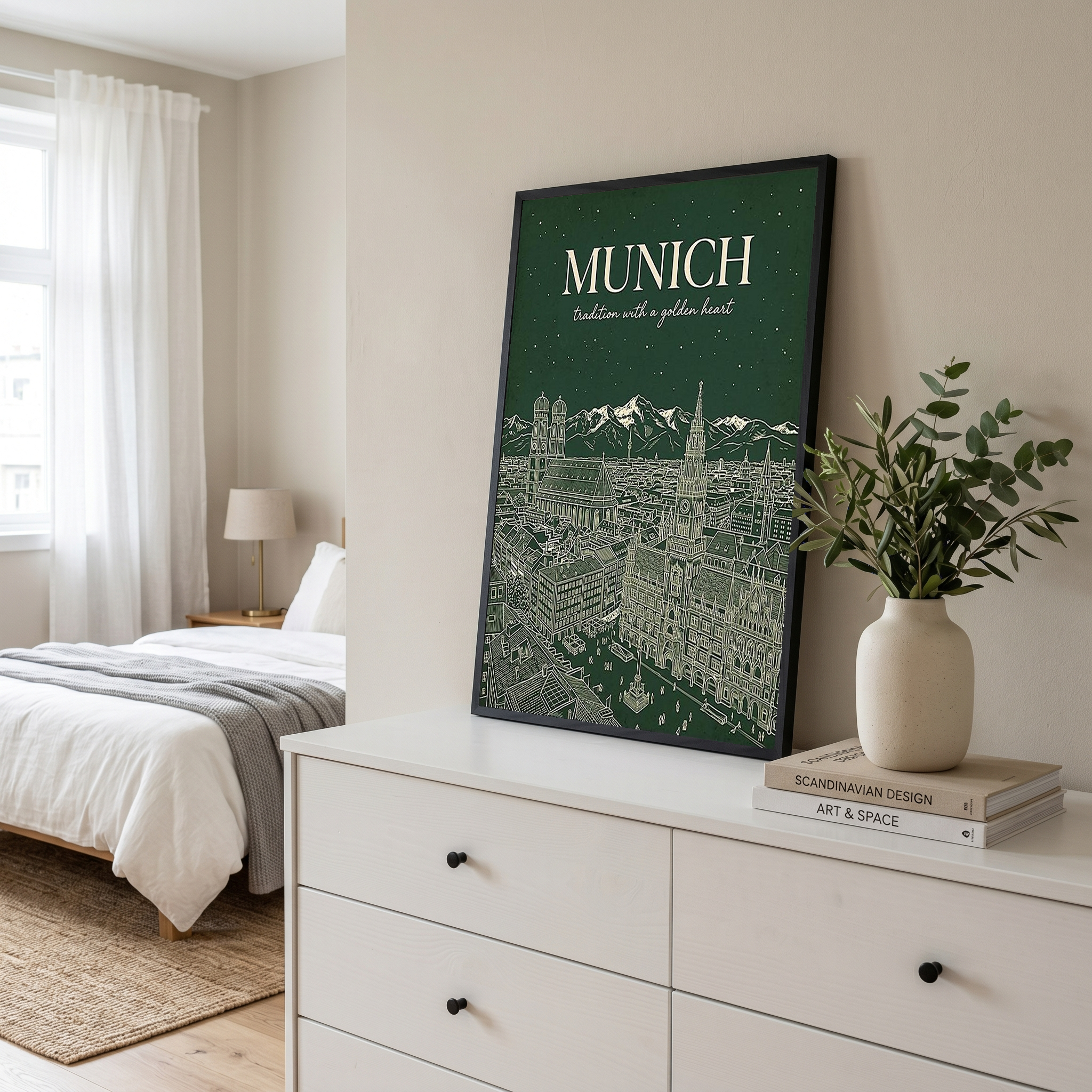 Munich Line Art Print — Forest Green Frauenkirche Marienplatz Skyline Wall Art