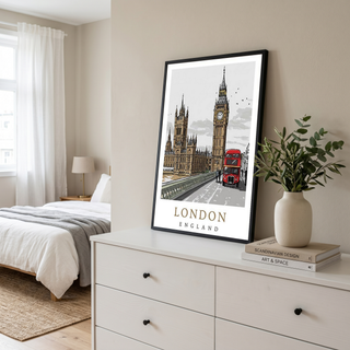 London Travel Poster — Big Ben Houses of Parliament Red Bus Print