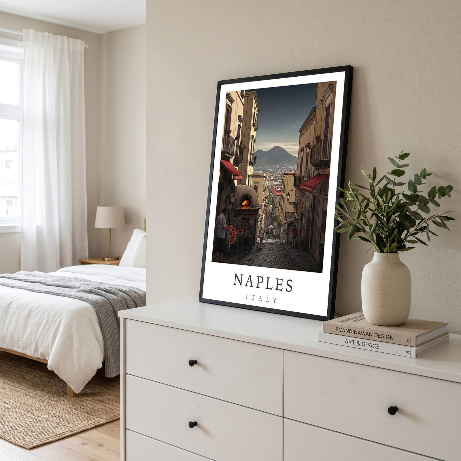 Naples Italy Travel Poster — Vesuvius Pizza Street Scene Print