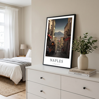 Naples Italy Travel Poster — Vesuvius Pizza Street Scene Print