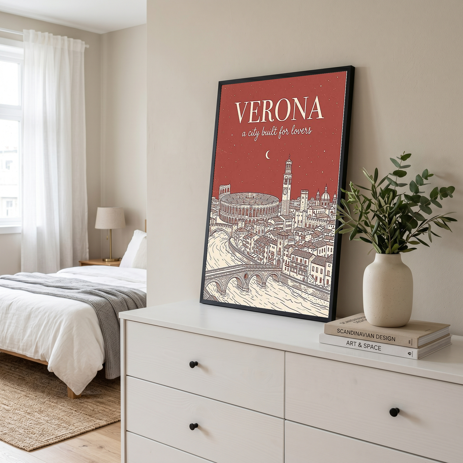 Verona Line Art Print — Rust Arena Ponte Pietra Skyline Wall Art