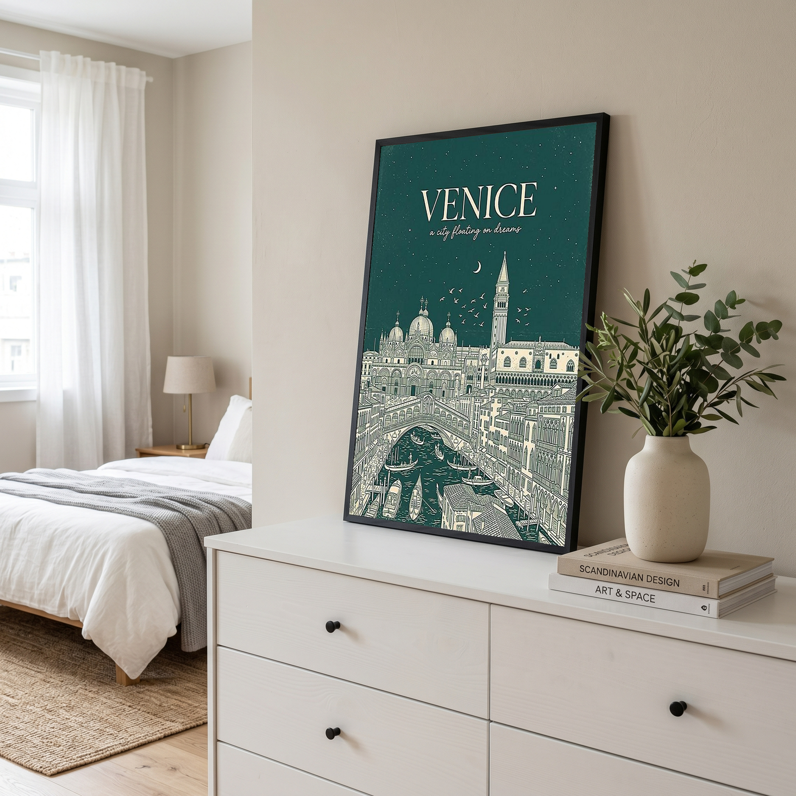 Venice Line Art Print — Forest Green St. Mark's Basilica Rialto Bridge Wall Art