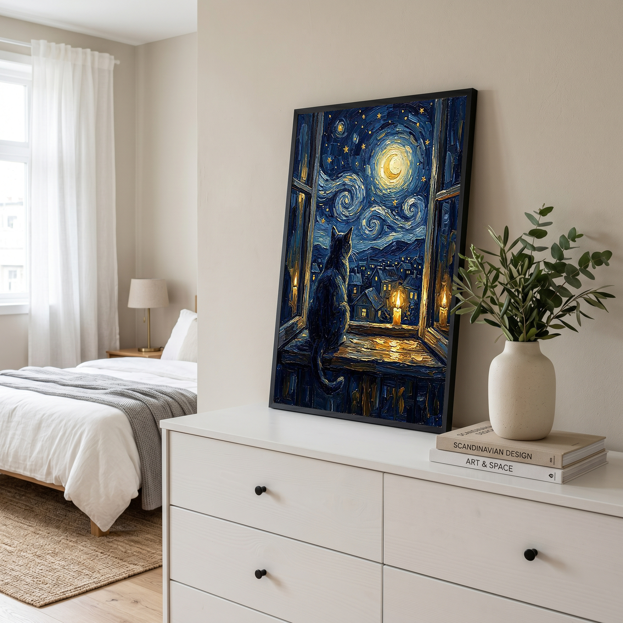 Cat at Candlelit Window Print — Van Gogh Starry Night Village Wall Art