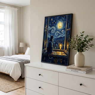 Cat at Candlelit Window Print — Van Gogh Starry Night Village Wall Art