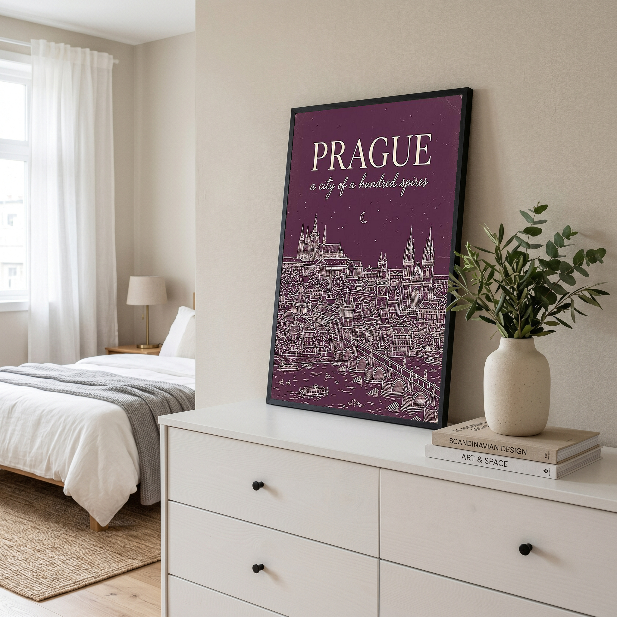 Prague Line Art Print — Plum Castle Charles Bridge Skyline Wall Art