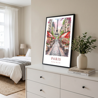 Paris France Travel Poster — Eiffel Tower Street Cafe Print