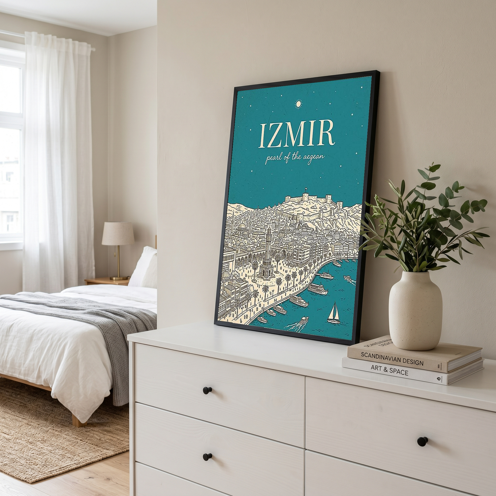 İzmir Line Art Print — Teal Clock Tower Kadifekale Aegean Coast Wall Art