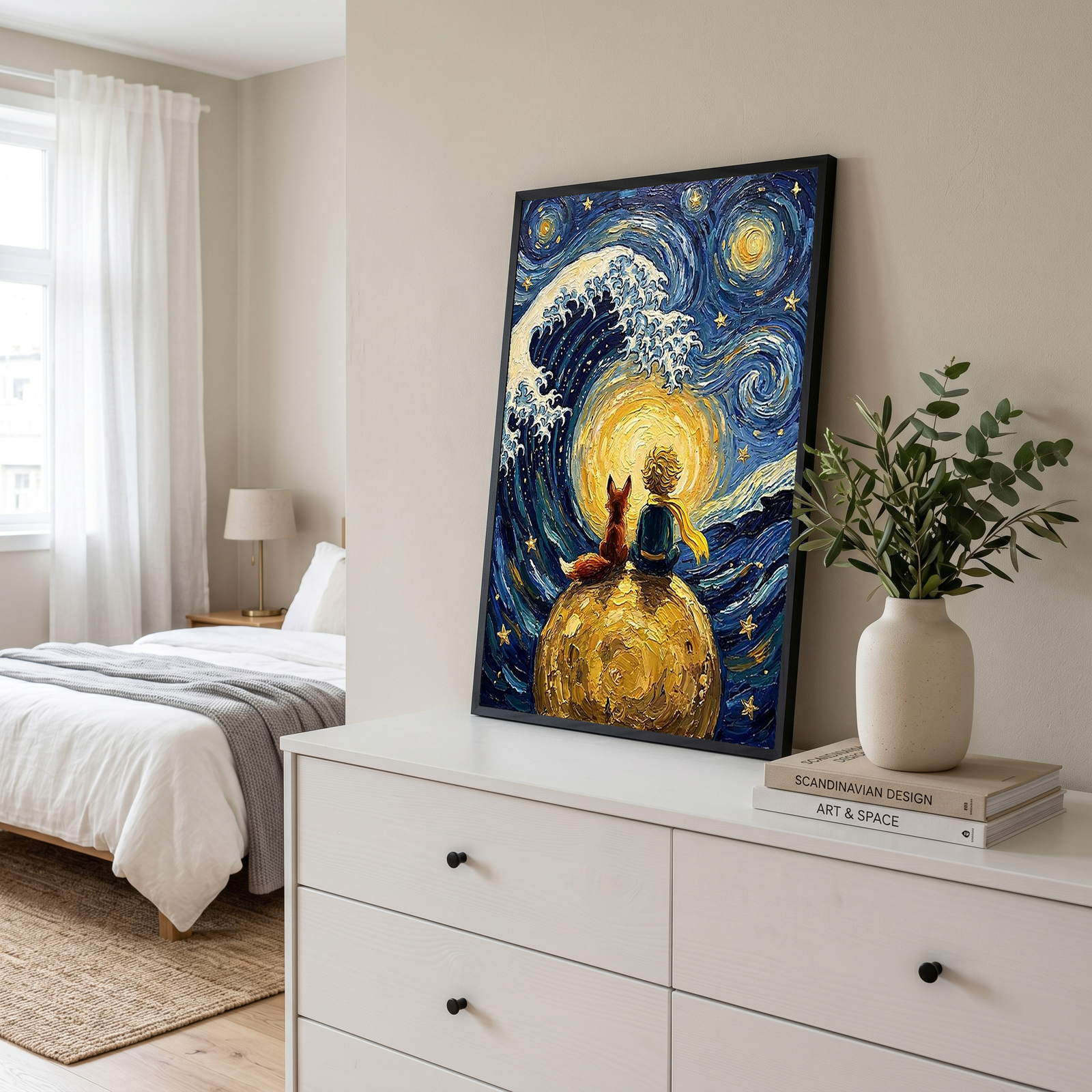 Little Prince Fox &amp; Planet Print — Van Gogh-Style Nursery Wall Art