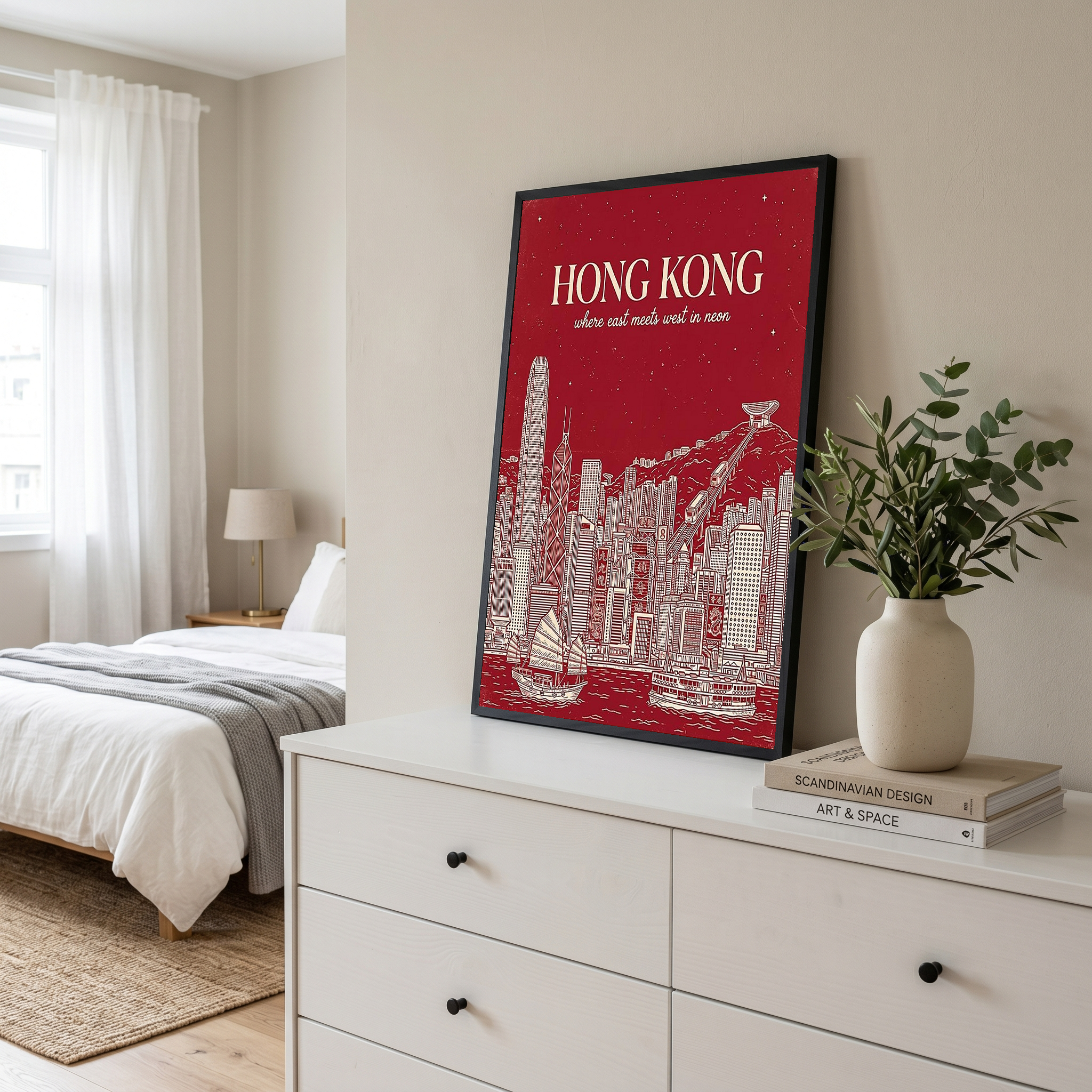 Hong Kong Line Art Print — Crimson Victoria Harbour Skyline Junk Boat Wall Art