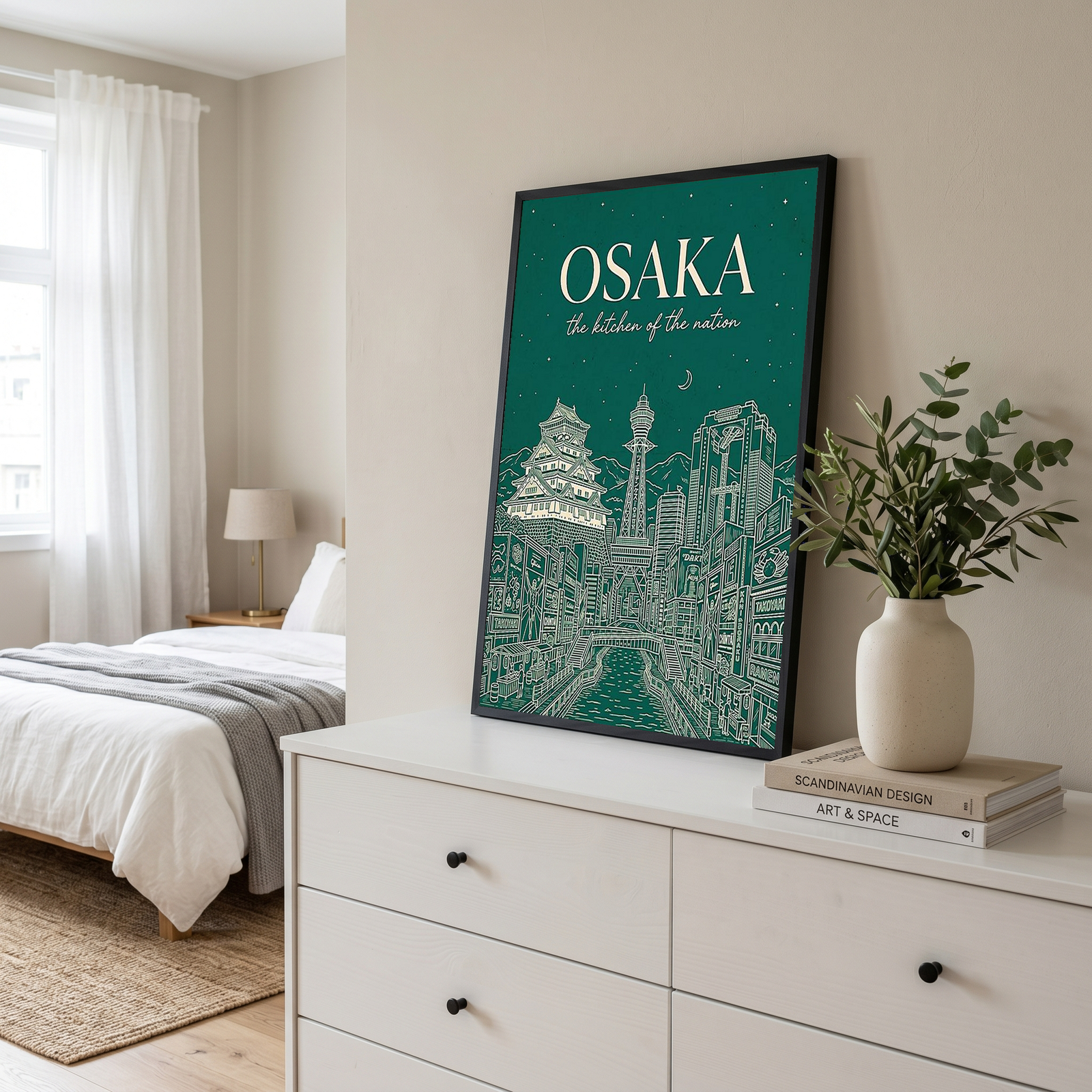 Osaka Line Art Print — Forest Green Osaka Castle Tsutenkaku Dotonbori Wall Art