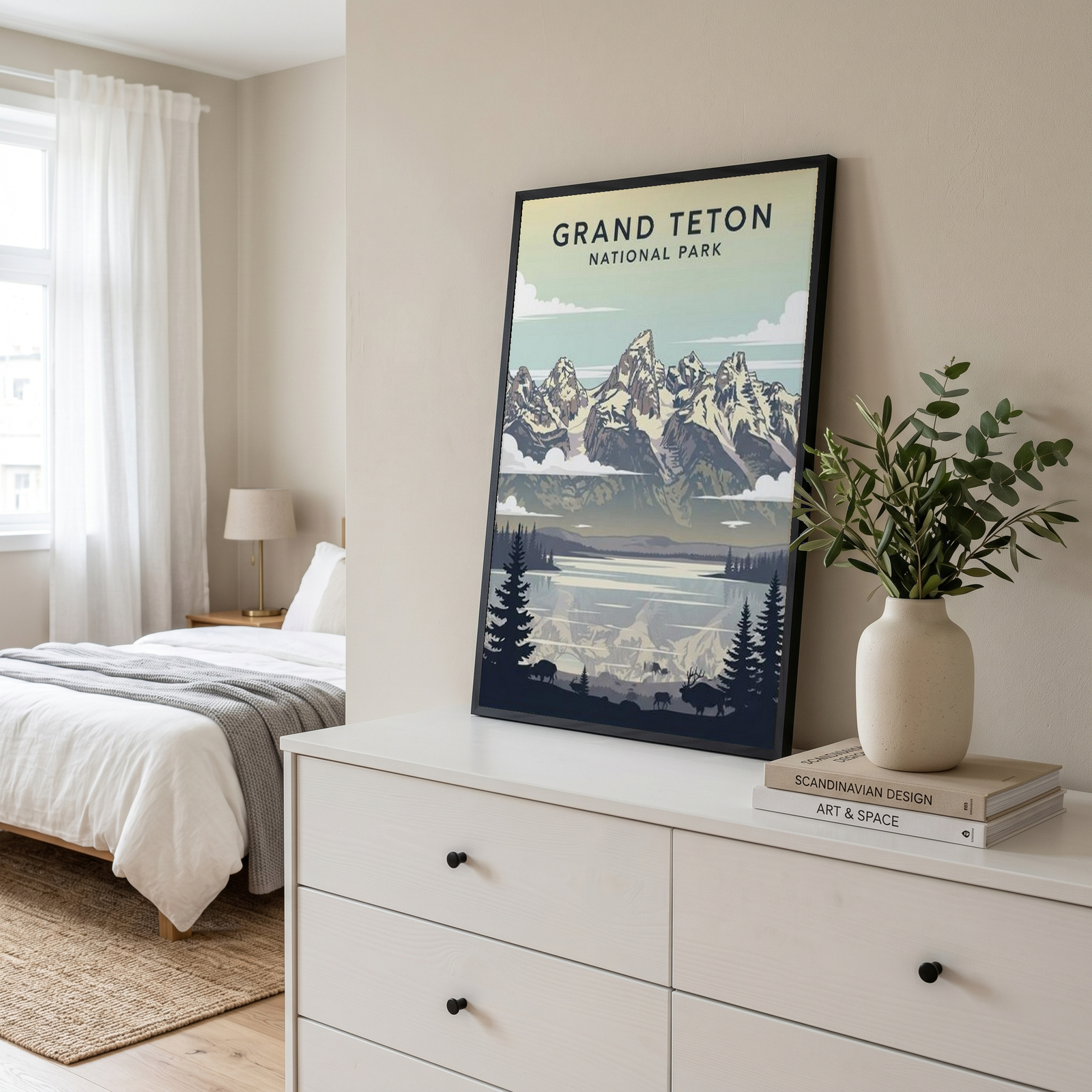 Grand Teton National Park Poster — Vintage Wyoming Bison Jackson Lake Print