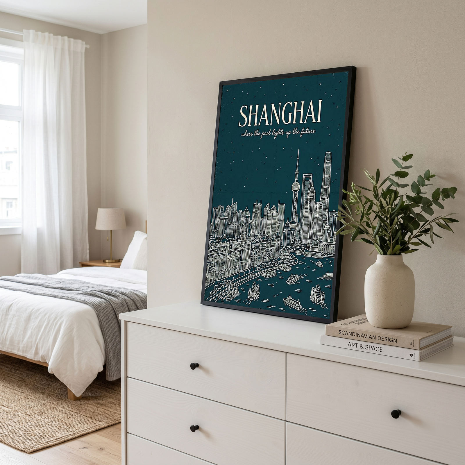 Shanghai Line Art Print — Teal Oriental Pearl Tower The Bund Skyline Wall Art
