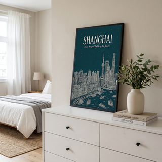 Shanghai Line Art Print — Teal Oriental Pearl Tower The Bund Skyline Wall Art