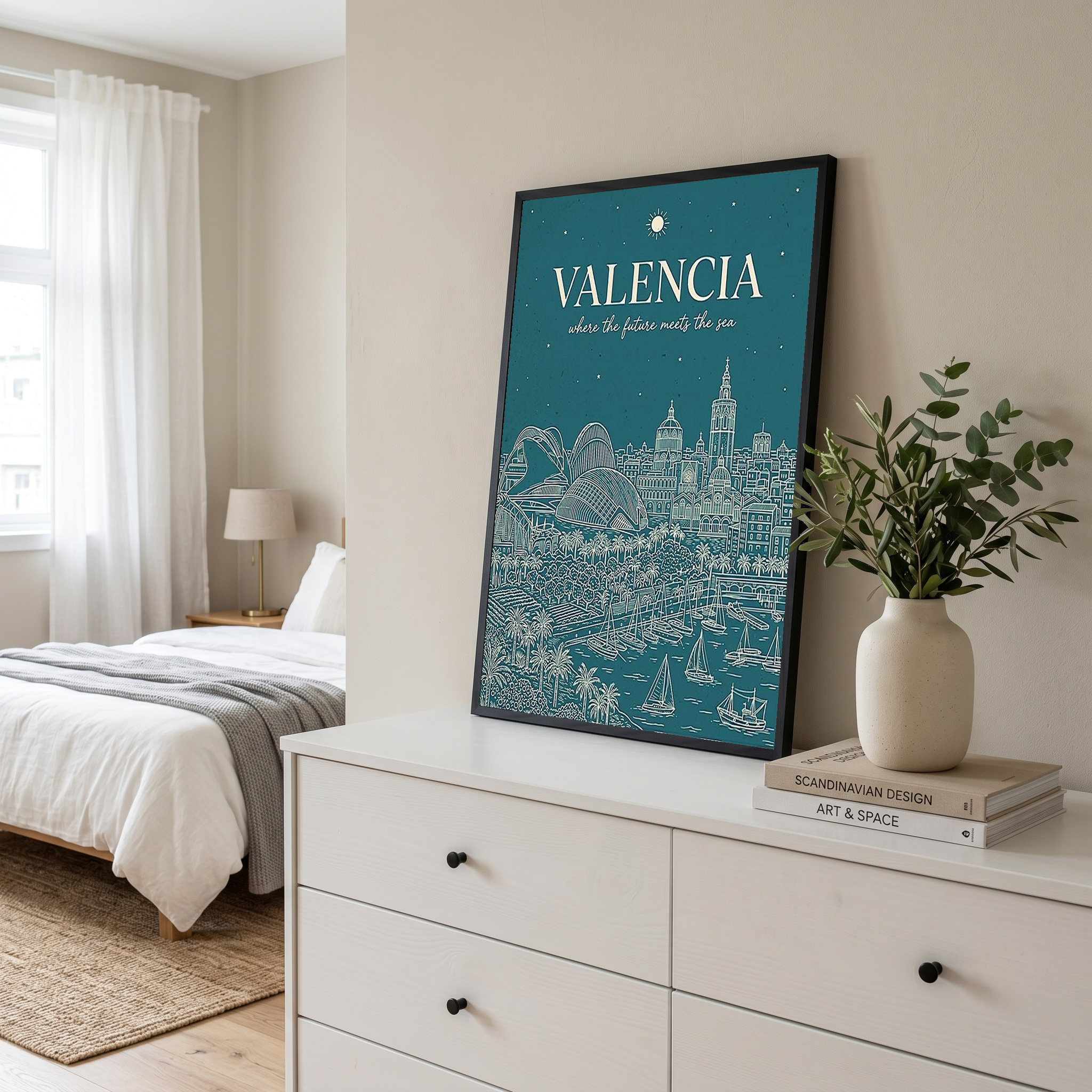 Valencia Line Art Print — Teal City of Arts Sciences Mediterranean Skyline Wall Art