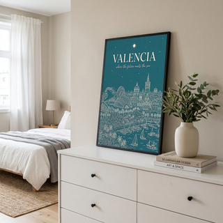 Valencia Line Art Print — Teal City of Arts Sciences Mediterranean Skyline Wall Art
