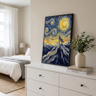 Lone Wolf Howling Mountain Peak Print — Van Gogh Starry Night Wall Art