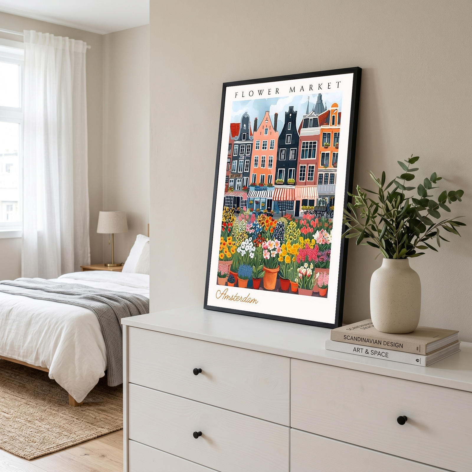 Amsterdam Flower Market Print — Canal Houses Tulip Cityscape Art