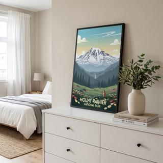 Mount Rainier National Park Poster — Vintage Washington Wildflower Marmot Print