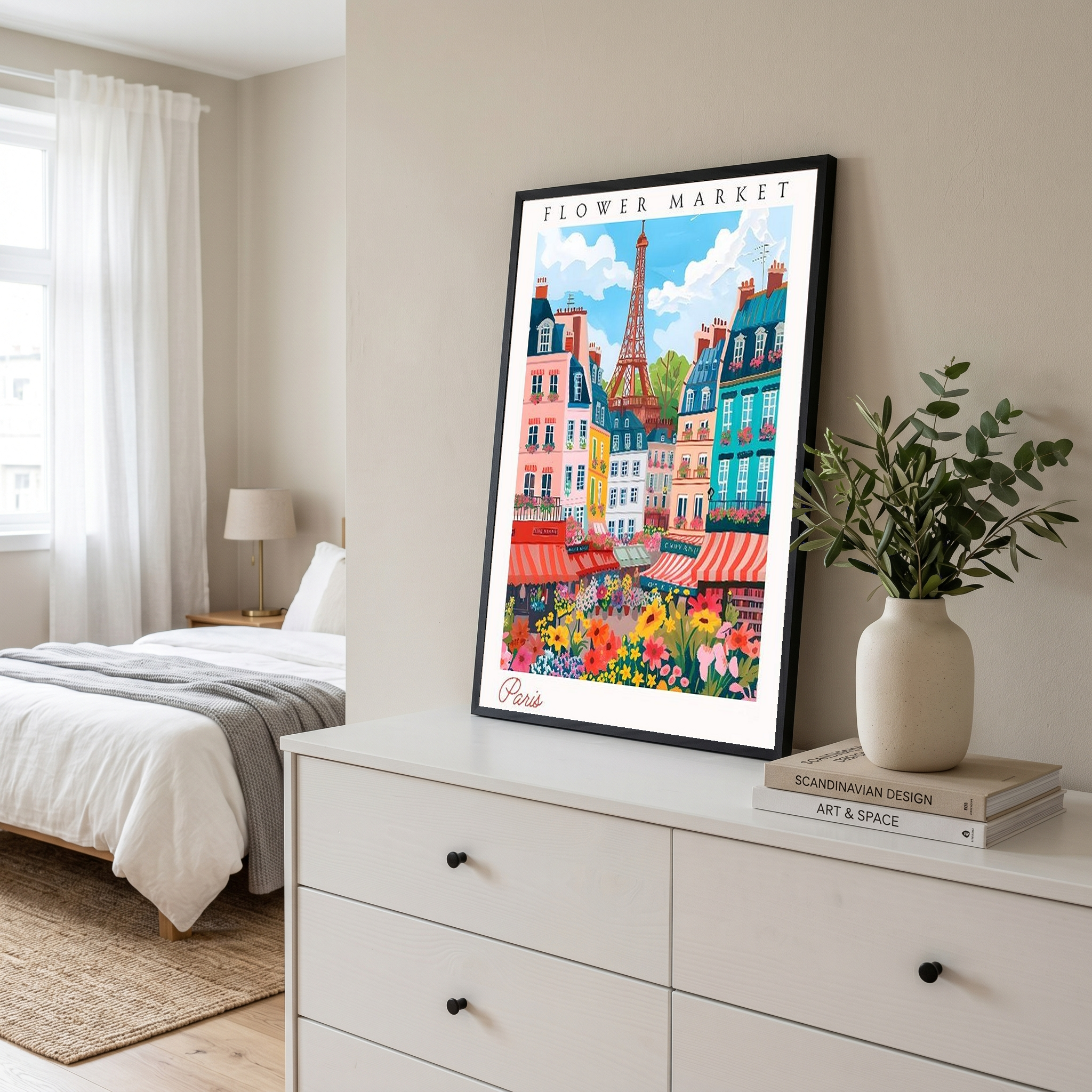 Paris Flower Market Print — Eiffel Tower Cityscape French Botanical Art