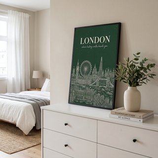 London Line Art Print — Forest Green Big Ben London Eye Skyline Wall Art