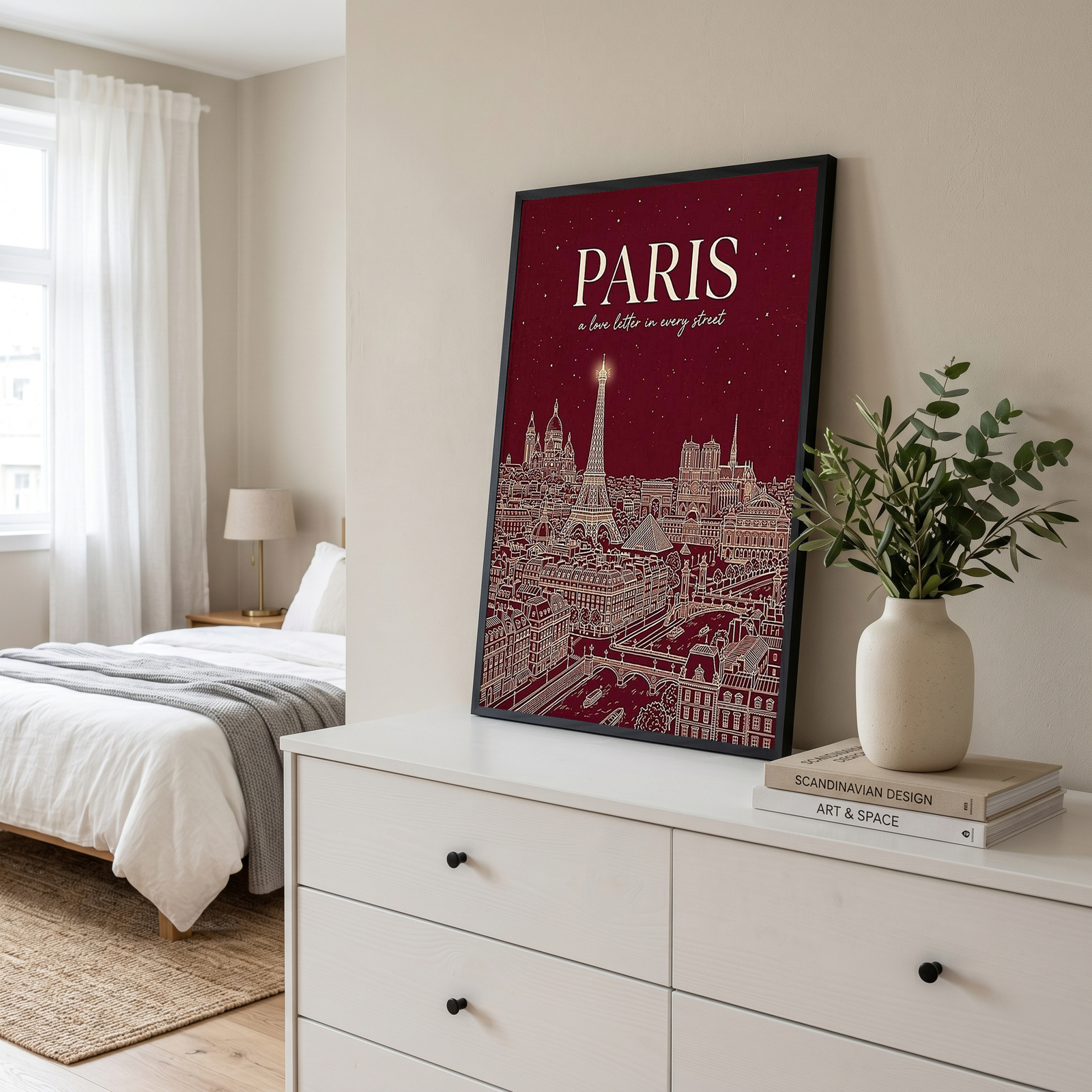 Paris Line Art Print — Burgundy Eiffel Tower Skyline Wall Art