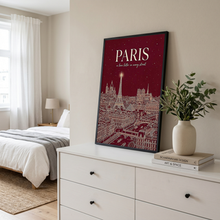 Paris Line Art Print — Burgundy Eiffel Tower Skyline Wall Art