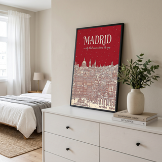 Madrid Line Art Print — Cherry Red Royal Palace Plaza Mayor Skyline Wall Art