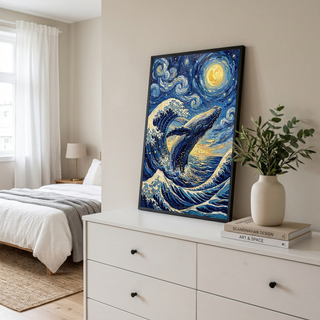 Breaching Whale Starry Night Print — Van Gogh-Style Ocean Humpback Wall Art